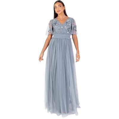 Maya Deluxe Damen Women's Maxi Ladies V-Neck Angel Sleeve Floral Embellished Tulle Shirred Waistline A-line Wedding Guest Bridesmaid Dress, Dusty Blue, 52 EU Maya Deluxe Damen Women's Maxi Ladies V-Neck Angel Sleeve Floral Embellished Tulle Shirred Waistline A-line Wedding Guest Bridesmaid Dress, Dusty Blue, 52 EU