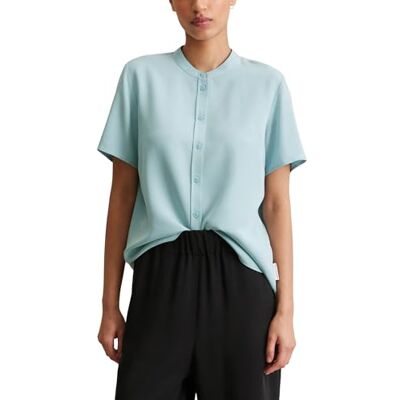Marc O' Polo Denim Damen Kurzarmbluse mit Stehkragen Regular Fit, Blau (Blue Fog), L Marc O' Polo Denim Damen Kurzarmbluse mit Stehkragen Regular Fit, Blau (Blue Fog), L