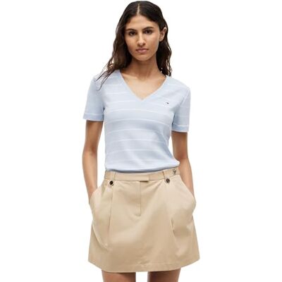 Tommy Hilfiger Damen T-Shirt Kurzarm New Slim Cody mit V-Ausschnitt, Blau (Fine STP Breezy Blue/Ecru), XL Tommy Hilfiger Damen T-Shirt Kurzarm New Slim Cody mit V-Ausschnitt, Blau (Fine STP Breezy Blue/Ecru), XL