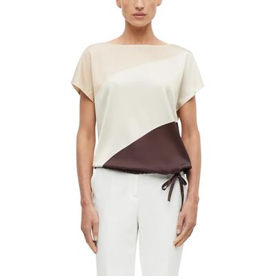s.Oliver BLACK LABEL s.Oliver Damen T-Shirt – Materialmix aus Satin & Jersey, U-Boot-Ausschnitt, Frontprint, Regular Fit s.Oliver BLACK LABEL s.Oliver Damen T-Shirt – Materialmix aus Satin & Jersey, U-Boot-Ausschnitt, Frontprint, Regular Fit