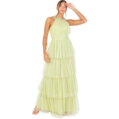 Anaya with Love Women's Maxi Dress Ladies Sleeveless Halterneck Tulle Tiered Ruffle A-line Bridesmaid Wedding Guest Prom Ball Gown, Frühlingsgrün 54 Anaya with Love Women's Maxi Dress Ladies Sleeveless Halterneck Tulle Tiered Ruffle A-line Bridesmaid Wedding Guest Prom Ball Gown, Frühlingsgrün 54