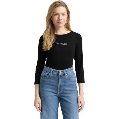 TOM TAILOR Damen Slim Fit Langarmshirt mit Glitzer-Logo TOM TAILOR Damen Slim Fit Langarmshirt mit Glitzer-Logo