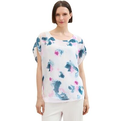 TOM TAILOR Damen Doppellagiges Chiffon T-Shirt mit Print, Blue aquarell Design, L TOM TAILOR Damen Doppellagiges Chiffon T-Shirt mit Print, Blue aquarell Design, L