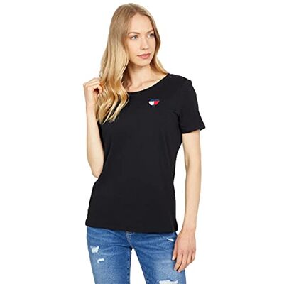 Tommy Hilfiger Damen-T-Shirt mit Rundhalsausschnitt, Schwarz Herz, X-Klein Tommy Hilfiger Damen-T-Shirt mit Rundhalsausschnitt, Schwarz Herz, X-Klein