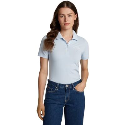 Tommy Hilfiger Damen Poloshirt Kurzarm Script Graphic Slim Fit, Blau (Breezy Blue), M Tommy Hilfiger Damen Poloshirt Kurzarm Script Graphic Slim Fit, Blau (Breezy Blue), M