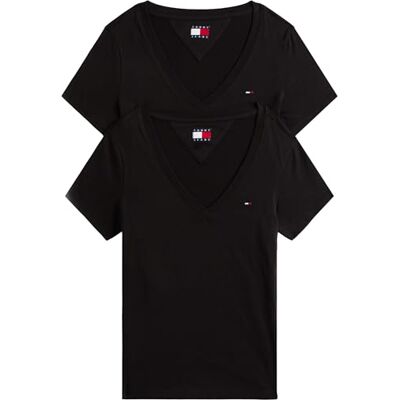 Tommy Jeans Damen 2er Pack T-Shirts Kurzarm mit V-Ausschnitt, Schwarz (Black/Black), XS Tommy Jeans Damen 2er Pack T-Shirts Kurzarm mit V-Ausschnitt, Schwarz (Black/Black), XS