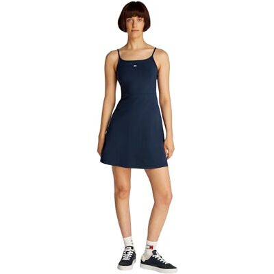 Tommy Jeans Damen Kleid Essential Strap Flare schmale Träger, Blau (Dark Night Navy), XS Tommy Jeans Damen Kleid Essential Strap Flare schmale Träger, Blau (Dark Night Navy), XS
