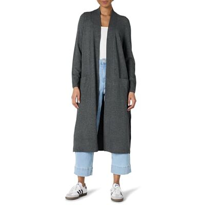 Amazon Essentials Damen Langer Regular-Fit-Cardigan, Leicht, in Staubmantellänge, Dunkelgrau Meliert, S Amazon Essentials Damen Langer Regular-Fit-Cardigan, Leicht, in Staubmantellänge, Dunkelgrau Meliert, S