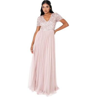 Maya Deluxe Damen Ballkleid Abendkleid V-ausschnitt Maxi Länge Pailletten Kurze Ärmel Für Hochzeit Geburtstag Brautjungfer Bridesmaid Dress, Frosted Pink, 38 EU Maya Deluxe Damen Ballkleid Abendkleid V-ausschnitt Maxi Länge Pailletten Kurze Ärmel Für Hochzeit Geburtstag Brautjungfer Bridesmaid Dress, Frosted Pink, 38 EU