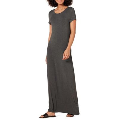 Amazon Essentials Damen Maxikleid Kurzarm Charcoal Heather, Small Amazon Essentials Damen Maxikleid Kurzarm Charcoal Heather, Small