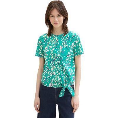 TOM TAILOR Denim Damen Basic T-Shirt mit Knotendetail, Abstract Green dot Print, XL TOM TAILOR Denim Damen Basic T-Shirt mit Knotendetail, Abstract Green dot Print, XL