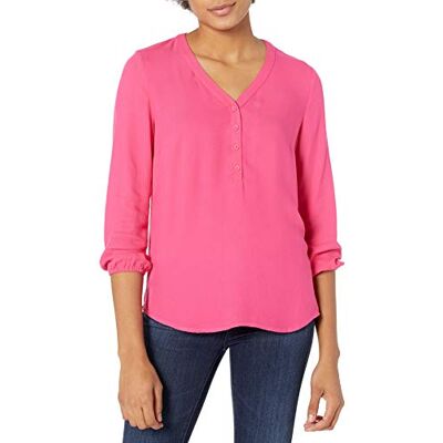 Amazon Essentials Damen Popover-Shirt Mit 3/4-Ärmeln Und Knöpfen, Locker Sitzende Bluse Mit V-Ausschnitt, Intensive Rosa, XXL Amazon Essentials Damen Popover-Shirt Mit 3/4-Ärmeln Und Knöpfen, Locker Sitzende Bluse Mit V-Ausschnitt, Intensive Rosa, XXL