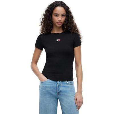 Tommy Jeans Tommy Hilfiger Tjw Slim Badge Rib Tee T-Shirt Damen, Schwarz und silberfarben, XL Tommy Jeans Tommy Hilfiger Tjw Slim Badge Rib Tee T-Shirt Damen, Schwarz und silberfarben, XL