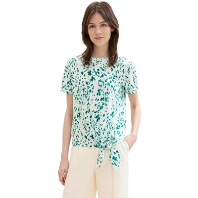 TOM TAILOR Denim Damen Basic T-Shirt mit Knotendetail, Abstract White dot Print, M TOM TAILOR Denim Damen Basic T-Shirt mit Knotendetail, Abstract White dot Print, M
