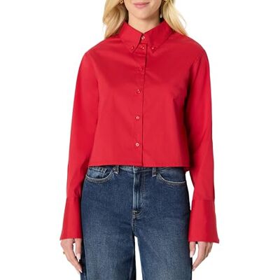 Amazon Essentials Damen Oversize-Bluse aus Baumwoll-Stretch-Popeline mit Knopfleiste, Rot, S Amazon Essentials Damen Oversize-Bluse aus Baumwoll-Stretch-Popeline mit Knopfleiste, Rot, S
