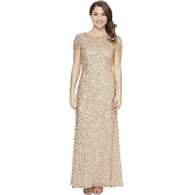 Adrianna Papell Damen Kleid mit U-Rücken und Perlen, Champagner/Gold, Größe 38 Adrianna Papell Damen Kleid mit U-Rücken und Perlen, Champagner/Gold, Größe 38