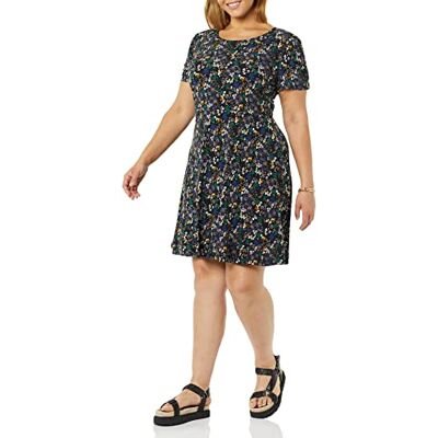 Amazon Essentials Damen Gerafftes A-Linien-Kleid mit kurzen Ärmeln und Rundhalsausschnitt (in Übergröße erhältlich), Schwarz Streublumen, XL Amazon Essentials Damen Gerafftes A-Linien-Kleid mit kurzen Ärmeln und Rundhalsausschnitt (in Übergröße erhältlich), Schwarz Streublumen, XL