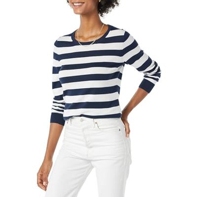 Amazon Essentials Damen Leichter, Langärmeliger Pullover Mit Rundhalsausschnitt (Erhältlich in Übergröße), Marineblau Weiß Rugby-Streifen, XXL Amazon Essentials Damen Leichter, Langärmeliger Pullover Mit Rundhalsausschnitt (Erhältlich in Übergröße), Marineblau Weiß Rugby-Streifen, XXL