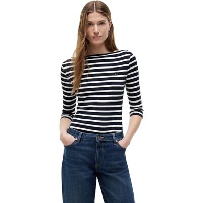 Tommy Hilfiger Damen Langarmshirt New Cody Slim U-Boot-Ausschnitt, Mehrfarbig (Nos Breton Desert Sky/Ecru), S Tommy Hilfiger Damen Langarmshirt New Cody Slim U-Boot-Ausschnitt, Mehrfarbig (Nos Breton Desert Sky/Ecru), S