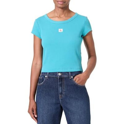 Calvin Damen T-Shirt Kurzarm Woven Label Rib Baby Tee mit Rundhalsausschnitt, Türkis (Tuscan Teal), M Calvin Damen T-Shirt Kurzarm Woven Label Rib Baby Tee mit Rundhalsausschnitt, Türkis (Tuscan Teal), M
