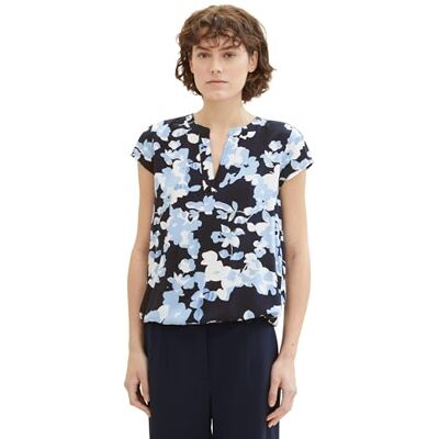 TOM TAILOR Damen Kurzarm-Bluse mit Muster , blue cut floral design, 36 TOM TAILOR Damen Kurzarm-Bluse mit Muster , blue cut floral design, 36