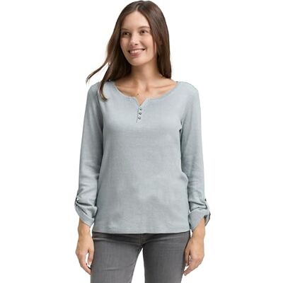 TOM TAILOR Damen 1024036 Henley Longsleeve Mit Streifenmuster, 39470 Green Offwhite Small Stripe, XXL EU TOM TAILOR Damen 1024036 Henley Longsleeve Mit Streifenmuster, 39470 Green Offwhite Small Stripe, XXL EU