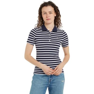 Tommy Hilfiger Damen Poloshirt Kurzarm Stripe Slim Fit, Mehrfarbig (Breton Desert Sky/Ecru), XS Tommy Hilfiger Damen Poloshirt Kurzarm Stripe Slim Fit, Mehrfarbig (Breton Desert Sky/Ecru), XS