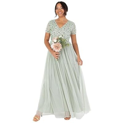 Maya Deluxe Damen Women's Ladies Maxi Dress Sequin Embellished Floral V-Neck Short Sleeve Tulle Skirt A-line for Wedding Guest Ball Gown Kleid, Green Lily, Maya Deluxe Damen Women's Ladies Maxi Dress Sequin Embellished Floral V-Neck Short Sleeve Tulle Skirt A-line for Wedding Guest Ball Gown Kleid, Green Lily,