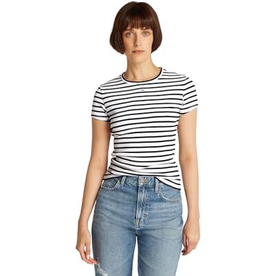Tommy Jeans Damen T-Shirt Kurzarm Essential Rib Slim Fit, Mehrfarbig (Dark Night Navy/Stripe), XXS Tommy Jeans Damen T-Shirt Kurzarm Essential Rib Slim Fit, Mehrfarbig (Dark Night Navy/Stripe), XXS