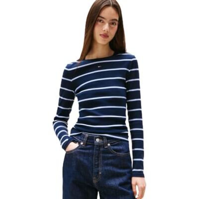 Tommy Jeans Damen Langarmshirt Slim Fit Essential aus Baumwolle, Mehrfarbig (Dark Night Navy/Stripe), XXS Tommy Jeans Damen Langarmshirt Slim Fit Essential aus Baumwolle, Mehrfarbig (Dark Night Navy/Stripe), XXS