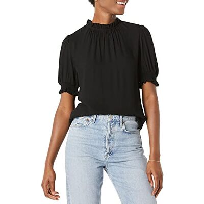 Amazon Essentials Damen Hemd Aus Fluid Twill Mit Kurzen Puffärmeln Und Smockdetails, Schwarz, XL Amazon Essentials Damen Hemd Aus Fluid Twill Mit Kurzen Puffärmeln Und Smockdetails, Schwarz, XL