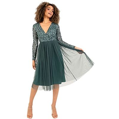 Maya Deluxe Damen Womens Ladies Wedding Guest Midi Dress Long Sleeve Plunging Neckline V Neck Sequin Embellished Graduation Brautjungfernkleid, Emerald Green, 24 Maya Deluxe Damen Womens Ladies Wedding Guest Midi Dress Long Sleeve Plunging Neckline V Neck Sequin Embellished Graduation Brautjungfernkleid, Emerald Green, 24