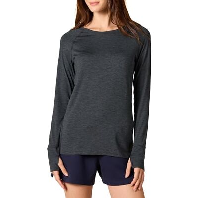 Amazon Essentials Damen Langärmeliges T-Shirt mit Rundhalsausschnitt aus Angerautem Tech-Stretch (Erhältlich in Übergröße), Schwarz/Space-dye, M Amazon Essentials Damen Langärmeliges T-Shirt mit Rundhalsausschnitt aus Angerautem Tech-Stretch (Erhältlich in Übergröße), Schwarz/Space-dye, M