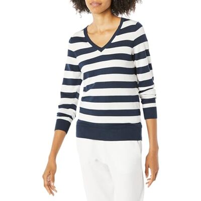 Amazon Essentials Damen Leichter Langarm-Pullover Mit V-Ausschnitt, Marineblau Weiß Rugby-Streifen, M Amazon Essentials Damen Leichter Langarm-Pullover Mit V-Ausschnitt, Marineblau Weiß Rugby-Streifen, M