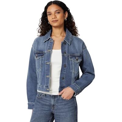 Amazon Essentials Damen Kurz Geschnittene Jeansjacke mit Stretch-Denim, Mittelblau Vintage, M Amazon Essentials Damen Kurz Geschnittene Jeansjacke mit Stretch-Denim, Mittelblau Vintage, M