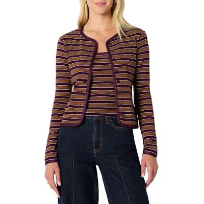 Amazon Essentials Damen Slim-Fit Strickcardigan Mit Rippstruktur Und Cami-Top Mit Abnehmbaren Trägern, Burgunderrot Braun Streifen, S Amazon Essentials Damen Slim-Fit Strickcardigan Mit Rippstruktur Und Cami-Top Mit Abnehmbaren Trägern, Burgunderrot Braun Streifen, S