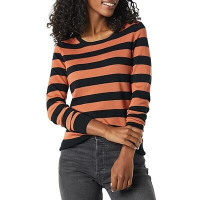 Amazon Essentials Damen Leichter, Langärmeliger Pullover Mit Rundhalsausschnitt (Erhältlich in Übergröße), Schwarz Karamell Rugby-Streifen, XXL Amazon Essentials Damen Leichter, Langärmeliger Pullover Mit Rundhalsausschnitt (Erhältlich in Übergröße), Schwarz Karamell Rugby-Streifen, XXL