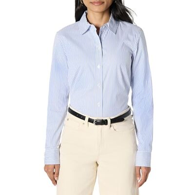 Amazon Essentials Damen Stretch-Popeline-Anzughemd Mit Durchgehender Knopfleiste, Weiß Blau Ministreifen, L Amazon Essentials Damen Stretch-Popeline-Anzughemd Mit Durchgehender Knopfleiste, Weiß Blau Ministreifen, L