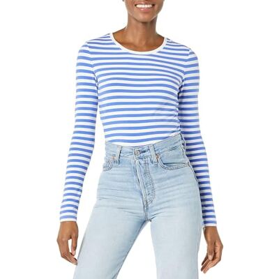 Amazon Essentials Damen Langärmeliges T-Shirt mit Rundhalsausschnitt in klassischer Passform (erhältlich in Übergröße), Blau-Weiß gestreift, XS Amazon Essentials Damen Langärmeliges T-Shirt mit Rundhalsausschnitt in klassischer Passform (erhältlich in Übergröße), Blau-Weiß gestreift, XS