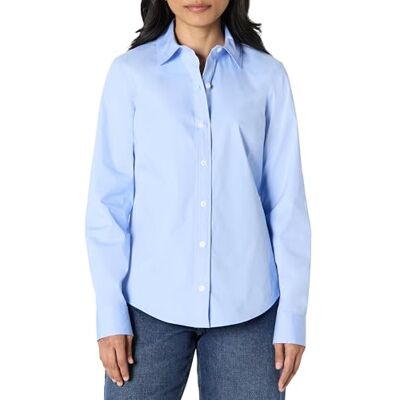 Amazon Essentials Damen Stretch-Popeline-Anzughemd Mit Durchgehender Knopfleiste, Puderblau, L Amazon Essentials Damen Stretch-Popeline-Anzughemd Mit Durchgehender Knopfleiste, Puderblau, L