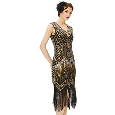 BABEYOND Damen Flapper Kleider voller Pailletten Retro 1920er Jahre Stil V-Ausschnitt Great Gatsby Kostüm Kleid (Größe XL/UK 18 / EU46, Gold) BABEYOND Damen Flapper Kleider voller Pailletten Retro 1920er Jahre Stil V-Ausschnitt Great Gatsby Kostüm Kleid (Größe XL/UK 18 / EU46, Gold)