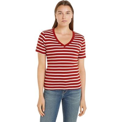 Tommy Hilfiger Damen New Slim Cody V-nk Ss Ww0ww40584 Kurzarm Strickoberteile, Rot (Breton STP/Dark Magma/Ecru), XXS Tommy Hilfiger Damen New Slim Cody V-nk Ss Ww0ww40584 Kurzarm Strickoberteile, Rot (Breton STP/Dark Magma/Ecru), XXS