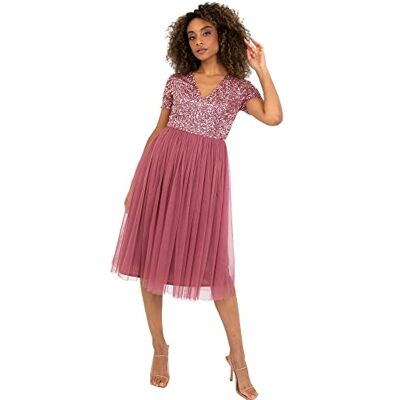 Maya Deluxe Damen Embellished Midi Evening Dress For Women Ladies V Neckline With Short Sleeve Prom Wedding Brautjungfernkleid, Desert Rose, 38 EU Maya Deluxe Damen Embellished Midi Evening Dress For Women Ladies V Neckline With Short Sleeve Prom Wedding Brautjungfernkleid, Desert Rose, 38 EU