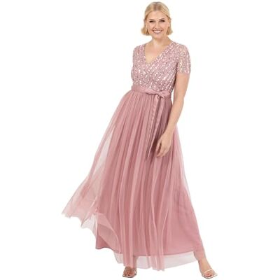 Maya Deluxe Damen Maxi Dress for Women Ladies Bridesmaid V-Neck Ball Gown Short Sleeves Long Elegant Empire Waist Wedding Brautjungfernkleid, Vinatge Rose, Maya Deluxe Damen Maxi Dress for Women Ladies Bridesmaid V-Neck Ball Gown Short Sleeves Long Elegant Empire Waist Wedding Brautjungfernkleid, Vinatge Rose,