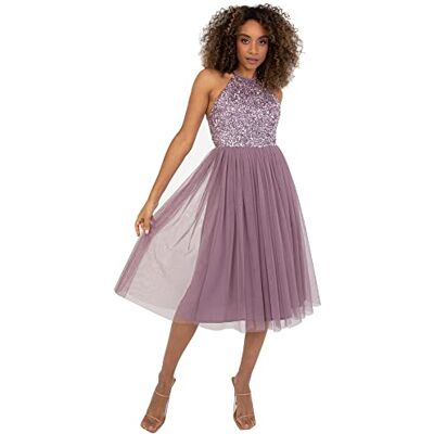 Maya Deluxe Damen Women's Midi Dress With Halter Neck Tulle for Evening Graduation Prom Wedding Bridesmaid Brautjungfernkleid, Moody Lilac, 34 EU Maya Deluxe Damen Women's Midi Dress With Halter Neck Tulle for Evening Graduation Prom Wedding Bridesmaid Brautjungfernkleid, Moody Lilac, 34 EU