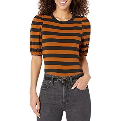 Amazon Essentials Damen-T-Shirt, klassisch, Puffärmel, Rundhalsausschnitt, Schwarz/Braun, Platzierter Streifen, XX-Large Amazon Essentials Damen-T-Shirt, klassisch, Puffärmel, Rundhalsausschnitt, Schwarz/Braun, Platzierter Streifen, XX-Large
