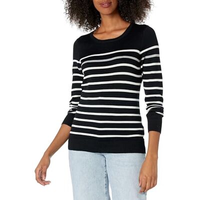 Amazon Essentials Damen Leichter, Langärmeliger Pullover Mit Rundhalsausschnitt (Erhältlich in Übergröße), Schwarz Grau Weiß Streifen, XXL Amazon Essentials Damen Leichter, Langärmeliger Pullover Mit Rundhalsausschnitt (Erhältlich in Übergröße), Schwarz Grau Weiß Streifen, XXL