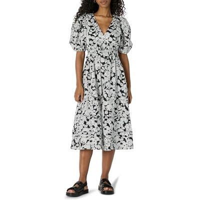Amazon Essentials Damen Fit-and-Flare-Midikleid aus Baumwollsatin mit Puffärmeln, V-Ausschnitt, Schwarz Elfenbein Folk Floral, L Amazon Essentials Damen Fit-and-Flare-Midikleid aus Baumwollsatin mit Puffärmeln, V-Ausschnitt, Schwarz Elfenbein Folk Floral, L