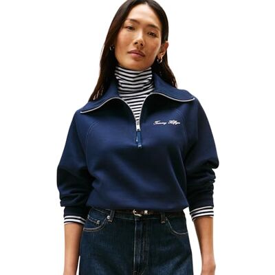 Tommy Hilfiger Damen Sweatshirt mit Reißverschluss Classic Script Fleece Half-Zip, Blau (Dark Night Navy), M Tommy Hilfiger Damen Sweatshirt mit Reißverschluss Classic Script Fleece Half-Zip, Blau (Dark Night Navy), M