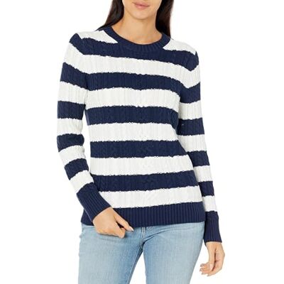 Amazon Essentials Damen Fisherman Cable Langarm-Pullover mit Rundhalsausschnitt (erhältlich in Übergröße), Marineblau/Weiß, Rugby-Streifen, Größe L Amazon Essentials Damen Fisherman Cable Langarm-Pullover mit Rundhalsausschnitt (erhältlich in Übergröße), Marineblau/Weiß, Rugby-Streifen, Größe L